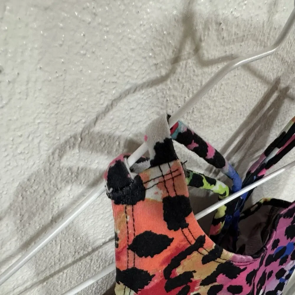 Rainbow Leopard Print Sports Bra Crop Top Criss Cross Back Athletic Neon